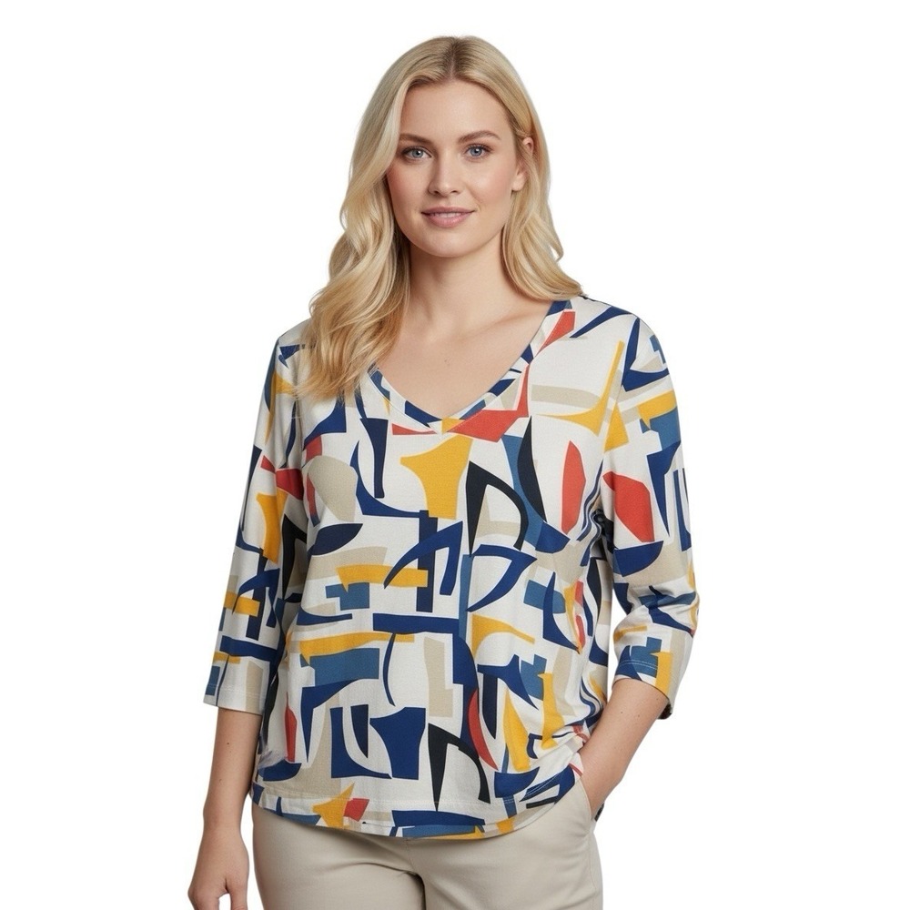 Chico's Abstract Print Pima Cotton V-Neck 3/4 Sleeve T-Shirt Size 2 Large